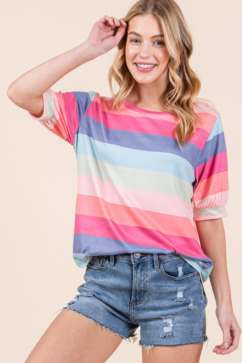 BOMBOM Striped Round Neck Half Sleeve T-Shirt BOMBOM Striped Round Neck Half Sleeve T-Shirt